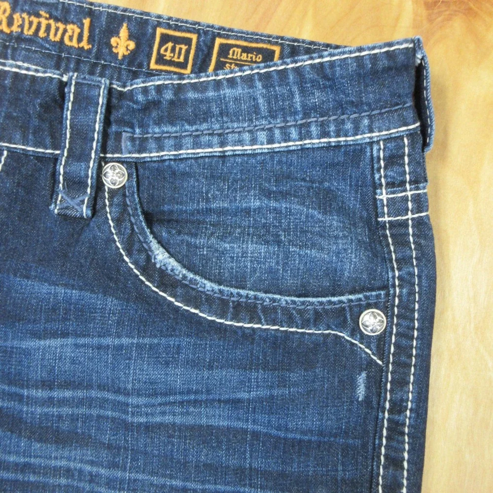 ROCK REVIVAL Mario Straight Leg Jeans 40 (42) X 33 Dark‎ Wash Denim Fleur-de-lis